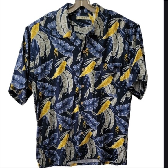 Suma Tropical Hawaiian Shirt size L blue Gray Yellow Palm leaves short sleeves - Picture 1 of 7